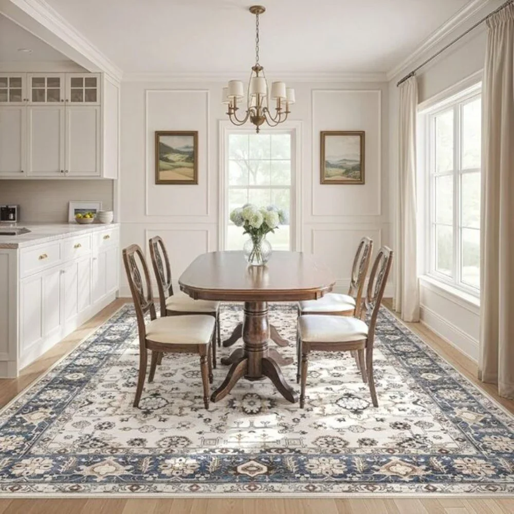 New 5x7 Blue Washable Area Rug Vintage Non-Slip Carpet for Living Room Home